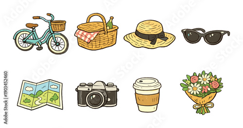 Hand-drawn summer icons: bike, picnic basket, hat, sunglasses, map, camera, coffee, flowers