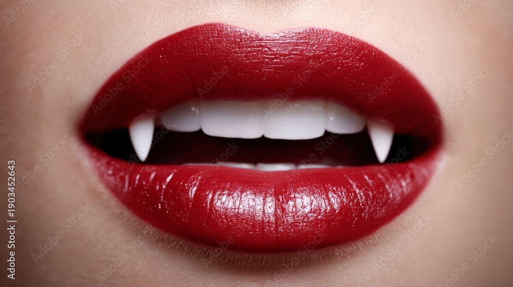 Fototapeta premium Vampire lips with sharp white fangs and bold red lipstick, captured in ultra-photorealistic detail against a clean minimal background, showcasing high dynamic range and sharp focus