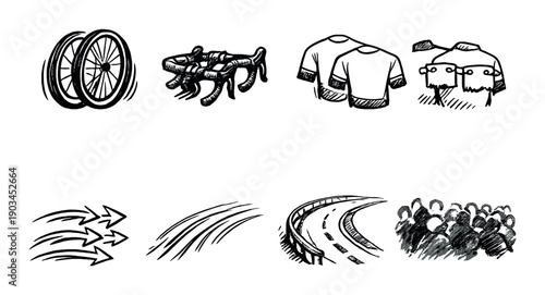 Hand-drawn cycling gear and race elements illustration
