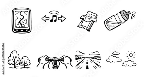 Illustrated icons of gps, music, snacks, drinks, trees, roads, and weather
