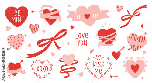 A collection of various red and pink heart shapes, ribbons, and romantic text elements for Valentine's Day, expressing love and affection.