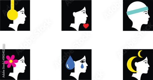 Woman profile icons, six abstract square black and white vector graphics showing female faces with various colored symbolic elements.