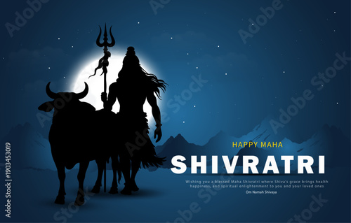 Happy Maha Shivratri Vector Illustration with Lord Shiva Silhouette, Trishul and Nandi