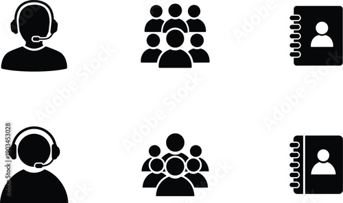 Communication icons set featuring customer support agent with headset team group silhouettes and contact address book with user profile symbol in black flat style