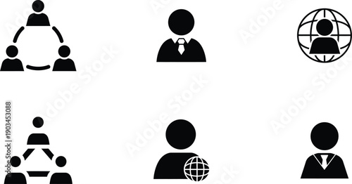 Business icons set in black silhouette style depicting connected user networks professional avatars with ties and global profiles featuring world globe symbols