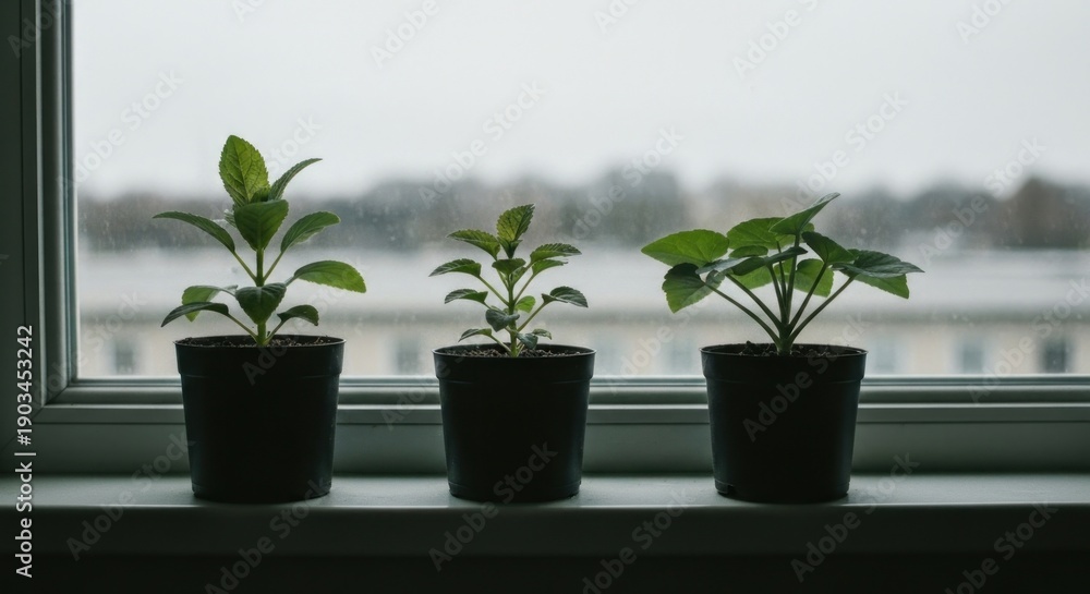 Fototapeta premium Three potted green plants sit on a windowsill against a blurred city background