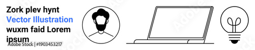 Technology, creativity, user profile, productivity, innovation, business. Minimalist outline of a laptop, person avatar and light bulb. Creativity and technology for innovation and productivity