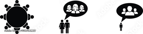 Communication icons set featuring roundtable conference meeting, couple discussing female group in speech bubble and individual thinking about social network team