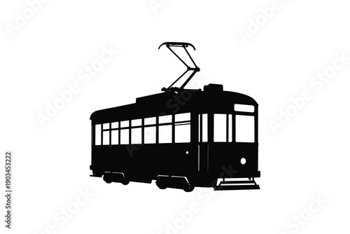Classic vintage tram or streetcar in a black silhouette isolated on white background