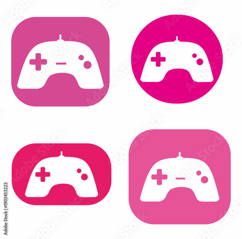 Pink game controller icon set featuring flat vector illustrations of gamepads in rounded square and circle frames. Perfect for gaming apps, UI design, and gamer logos. High-quality digital assets