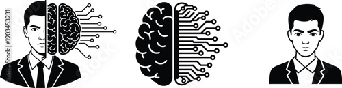 Artificial intelligence icons featuring man merged with digital brain circuitry organic brain with electronic neural network half and professional male portrait in black silhouette
