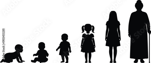 Human growth stages silhouette sequence isolated on white background, baby child teenager adult development timeline, life cycle concept vector