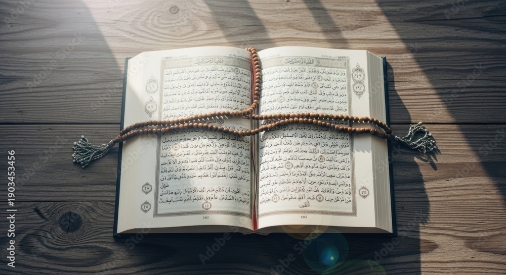 Fototapeta premium Open book with Arabic script & beads on wooden surface under sunlight