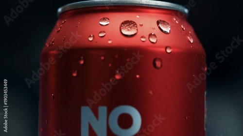 A chilled red aluminum can with a prominent 'No Sugar' label, covered in visible water droplets, stands on a dark surface. It embodies a health conscious choice, advocating a balanced diet