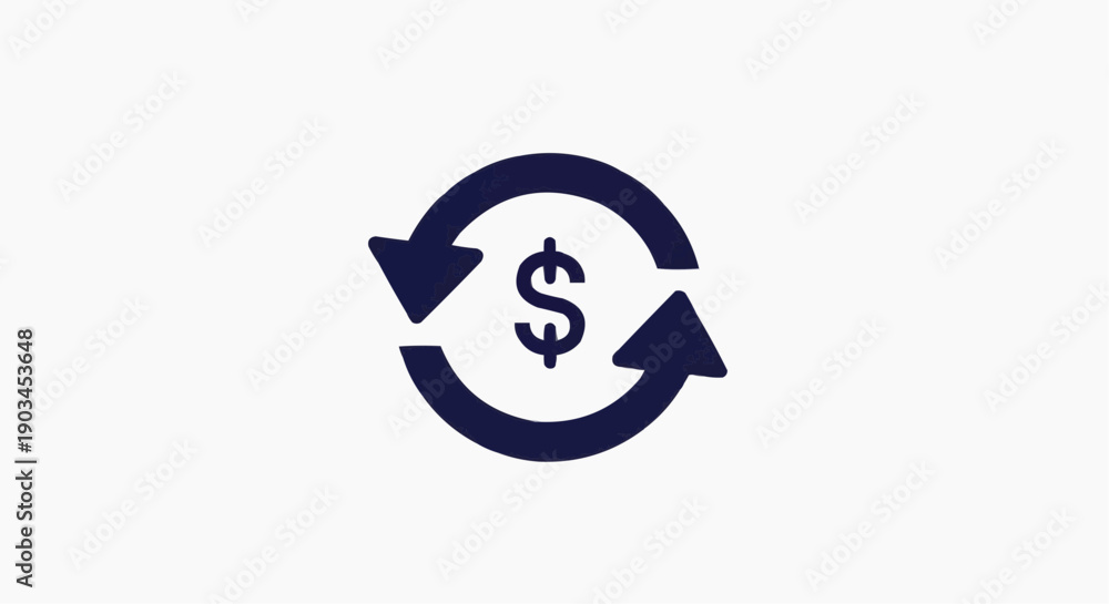 Fototapeta premium Dark Blue Currency Exchange Vector Icon – Dollar Sign with Circular Arrows Financial Transaction Symbol Isolated on White
