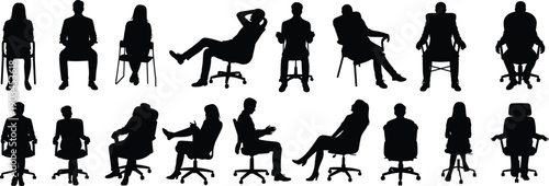 Silhouette collection of sixteen seated people in office chairs, vector illustration for ergonomics, workplace design, posture studies, and educational projects