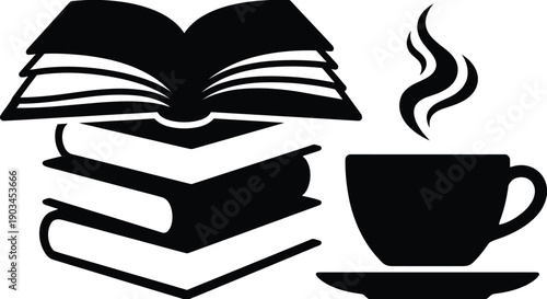 Book and Coffee Cup Silhouette Vector | Reading, Study, Library Icon Illustration