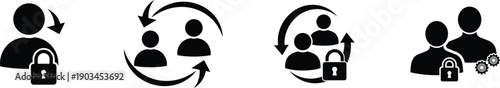 User account management icons set with four black silhouette symbols including padlocks for security circular arrows for profile switching and gear symbols for administration control
