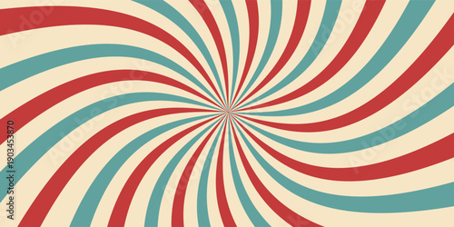 Circus or carnival rays background layout with vector grunge texture. Retro spiral pattern with red, white and blue radial stripes of vintage circus, carnival, fair or chapiteau big top tent