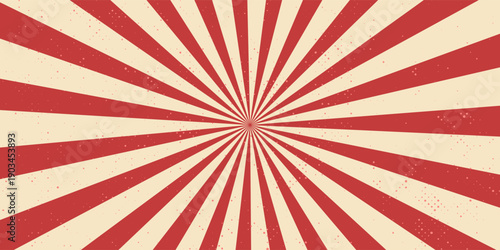 Circus background and spiral retro rays vector pattern. Vintage poster of red white sun or star burst radial lines with grunge texture, circus, carnival, summer fair or chapiteau backdrop