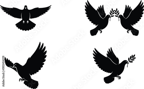 Doves silhouettes vector set depicting various flying positions, some birds carrying olive branches, symbolizing peace and freedom.