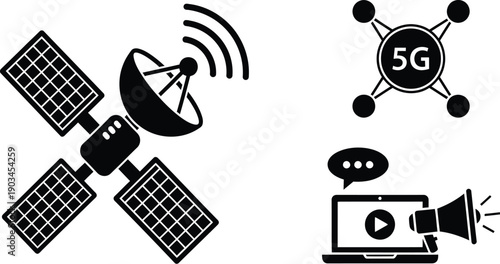 Global communication and digital marketing technology icons set featuring a satellite, 5G network, and online media promotion with a megaphone and laptop.
