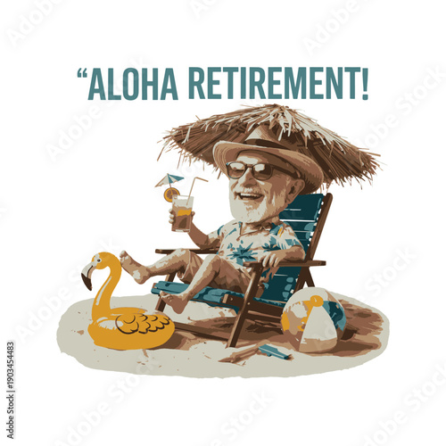 Retired Senior Man Relaxing on Beach Chair with Cocktail – Retirement Lifestyle Illustration