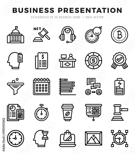 Business Presentation Lineal icons collection. 25 icon set in a Lineal design.