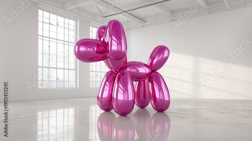 Innovation in a bright minimalist room featuring a glossy pink balloon dog sculpture by a large window.