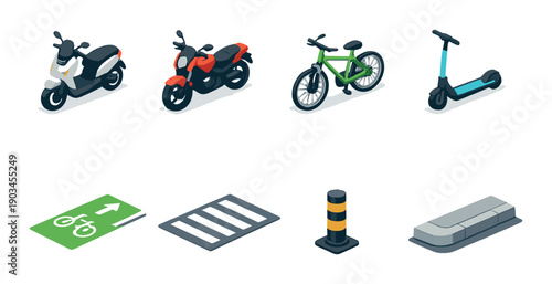 Isometric electric scooter, bicycle, motorcycle, and accessories illustration