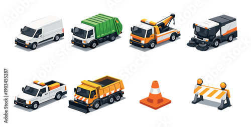 Set of eight isometric utility vehicles and traffic management icons