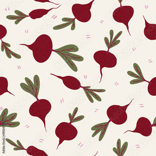 Seamless vector pattern cute fresh red beet roots toss green leaves on light cream white background