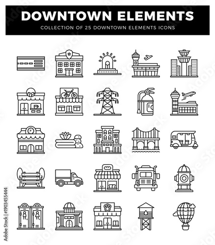 Collection of clean line art icons representing downtown elements.  Various city buildings. vehicles. and public amenities shown on a white background.