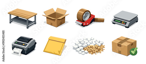 Packaging essentials: box, tape, scale, printer, envelope, bubble wrap icons
