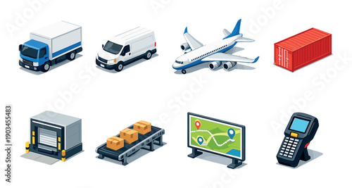 Isometric logistics and transportation icons featuring vehicles and equipment