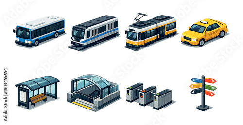 Isometric transportation icon set: bus, train, taxi, transit symbols