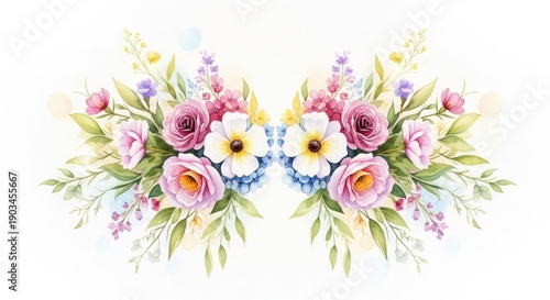 Symmetrical floral arrangement with roses, hydrangeas, and greenery