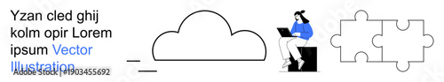 Cloud computing, teamwork, digital solutions, online collaboration, data storage, problem-solving. Cloud and puzzle pieces beside a woman with a laptop. Cloud computing and teamwork theme