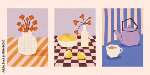 Retro cozy kitchen still life poster bundle, Warm minimalist food and drink illustration collection, Warm vintage food and beverage poster set