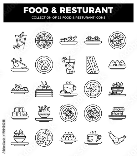 A clean line art food and restaurant icons on a white background