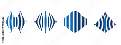 Audio sound wave icon set, digital voice signal and music frequency spectrum symbol, radio equalizer pulse vibration vector illustration with editable stroke.