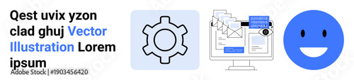 Gear icon, email marketing dashboard, and blue happy illustrate technology, workflow, and positivity. Ideal for business, automation, technology, email marketing creativity positivity simple