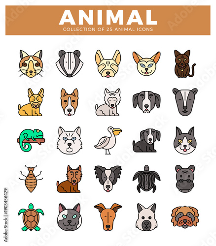 flat animal icons displayed in a grid layout. featuring various pet and wild animals in colorful. cartoonish illustrations.