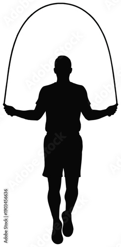 A bold black silhouette of a man mid-jump, skipping rope in a high-energy fitness moment. Ideal for cardio, training, health, sports, and motivation themes in sports and wellness projects.