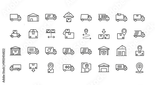 Delivery and Logistics Icons: Trucks, Boxes, Warehouses & Shipping Set