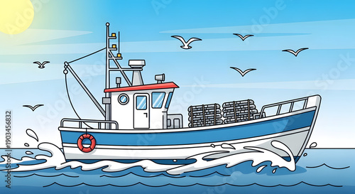 Vector of a fishing boat moving, small waves and sea birds