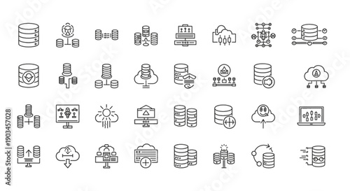 Database and Cloud Computing Icons: Data Storage, Servers, and Network Connections