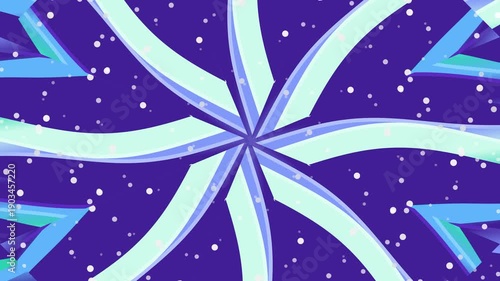 Abstract motion graphics with swirling shapes and dots on a purple background, illustrating dynamic movement and visual effects in a digital art video from a central viewpoint