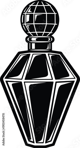 Black and white illustration of a perfume bottle with a spherical stopper