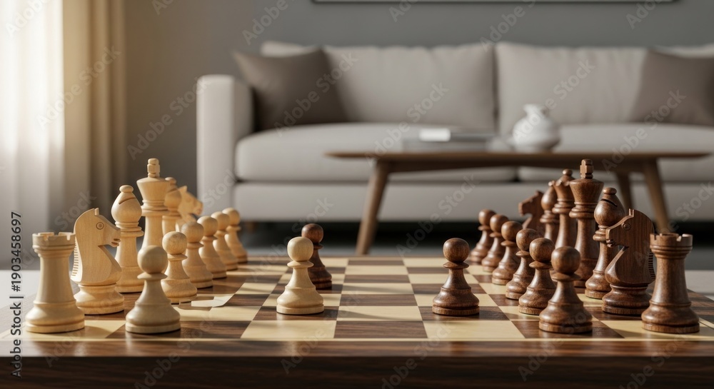 custom made wallpaper toronto digitalChessboard in living room with sofa background. Pieces poised for play
